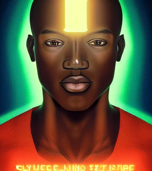 Image similar to symmetry!! african prince of technology, solid cube of light, hard edges, product render retro - futuristic poster scifi, lasers and neon circuits, brown skin man african prince, intricate, elegant, highly detailed, digital painting, artstation, concept art, smooth, sharp focus, illustration, dreamlike, art by artgerm