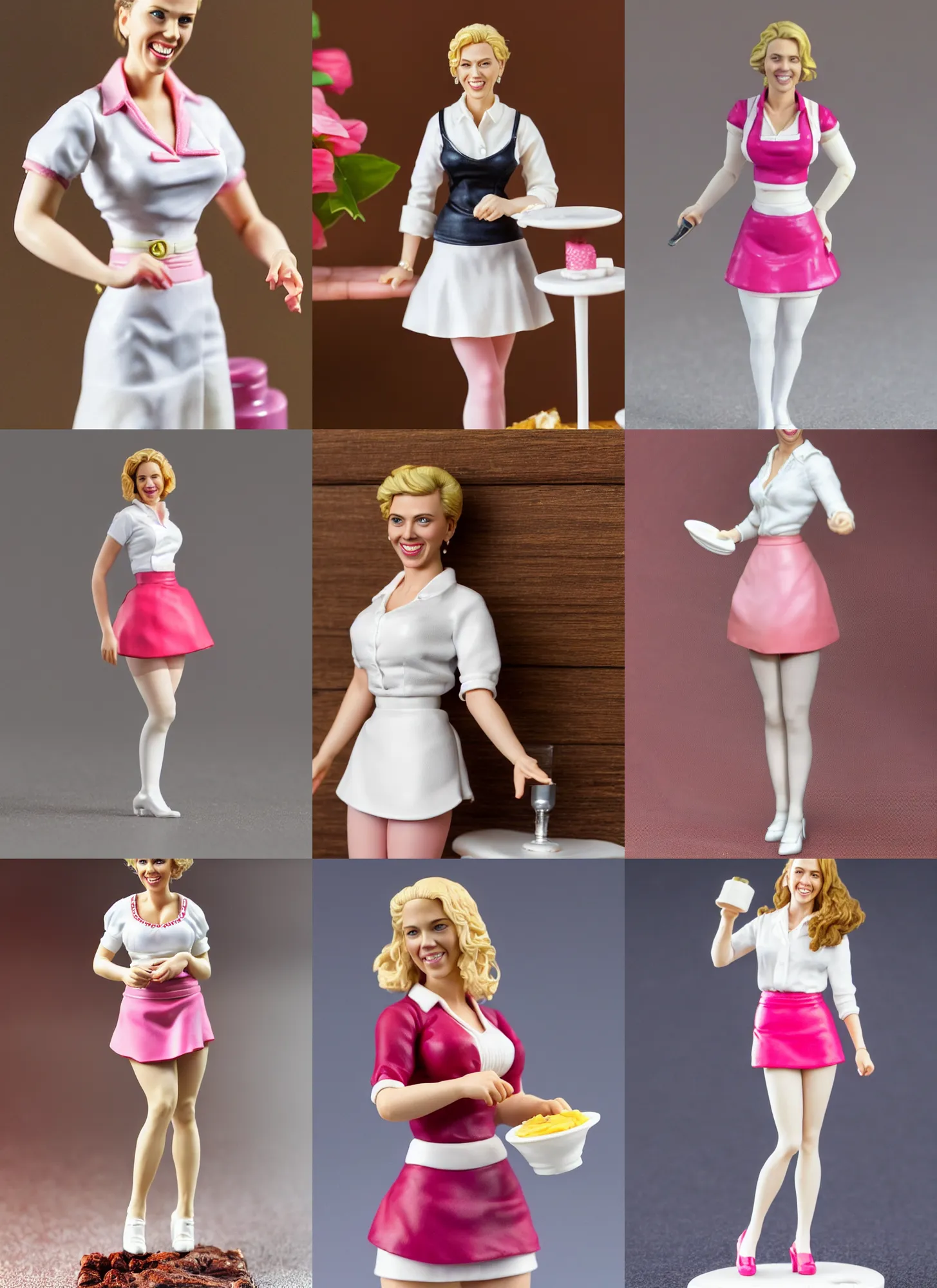 Prompt: 80mm resin detailed miniature of a Scarlett Johansson as Waitress, white blouse, Pink tight mini-skirt, white apron, White tights, smile, on textured base; Miniature product Photos, 4K, Full body;