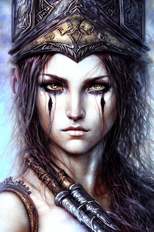 Prompt: head and shoulders portrait of a barbarian, female, high fantasy, dnd, by luis royo, wlop, artgerm,