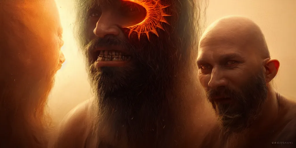 Prompt: beard shaman facing the inner demon, portrait 4 / 3, hyper symmetrical, golden ratio, digital art, fantasy art, octane render, unreal engine, high detail, very realistic, by greg rutkowski, by james gurney