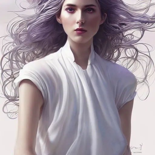 Image similar to an beautiful goddess in a short sleeved white blouse and white long flowing hair, modern, wet skin, shiny, fine art, awesome fantasy book cover on Pinterest, award winning, dark fantasy landscape, fantasy magic, intricate, elegant, sharp focus, cinematic lighting, highly detailed, digital painting, concept art, art by WLOP and Artgerm and Greg Rutkowski, masterpiece, trending on artstation, 8K