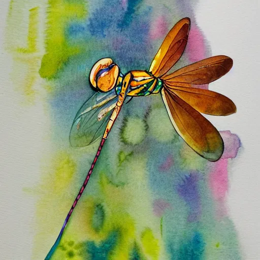 Image similar to water color illustration of a dragonfly with a human head. flower in it's mouth. collaborative piece by the worlds best artists. trending on everything, all the details.