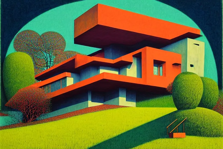 Image similar to surreal glimpse into other universe, house by frank lloyd wright, summer morning, very coherent and colorful high contrast, art by!!!! gediminas pranckevicius!!!!, geof darrow, floralpunk screen printing woodblock, dark shadows, hard lighting, stipple brush technique,