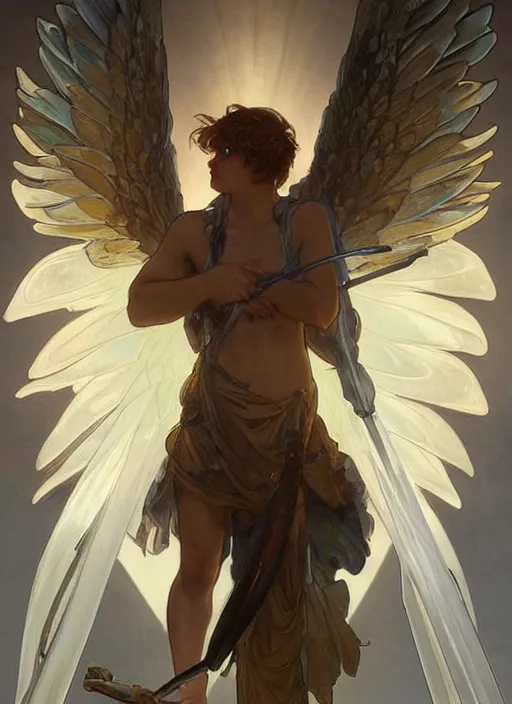 Prompt: digital character concept art by artgerm and greg rutkowski and alphonse mucha. portrait of a young 1 3 year old boy, a young god, icarus with mechanical bird wings, beautiful, holding a staff, detailed, poster art, light effect, glowing, hyper detail, intricate, elegant, digital painting, artstation, smooth, sharp focus