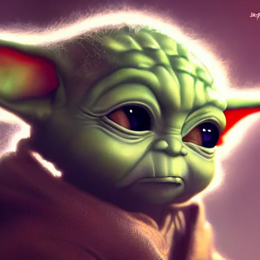 Image similar to Baby Yoda, portrait, fantasy, medieval, vivid colors, elegant, concept art, sharp focus, digital art, Hyper-realistic, 4K, Unreal Engine, Highly Detailed, HD, Dramatic Lighting by Brom, trending on Artstation