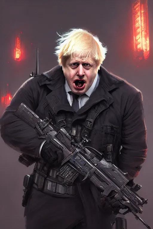 Image similar to angry Boris Johnson as Punisher, portrait, highly detailed, digital painting, artstation, concept art, smooth, sharp focus, illustration, cinematic lighting, art by artgerm and greg rutkowski and alphonse mucha