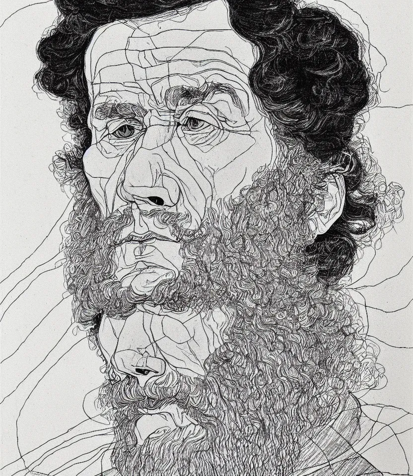 Prompt: detailed line art portrait of leo tolstoy, inspired by egon schiele. caricatural, minimalist, bold contour lines, musicality, soft twirls curls and curves, confident personality, raw emotion