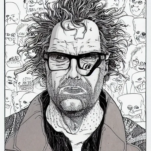 Image similar to close up portrait of goth guy with wild hair, by geof darrow, geof darrow art,