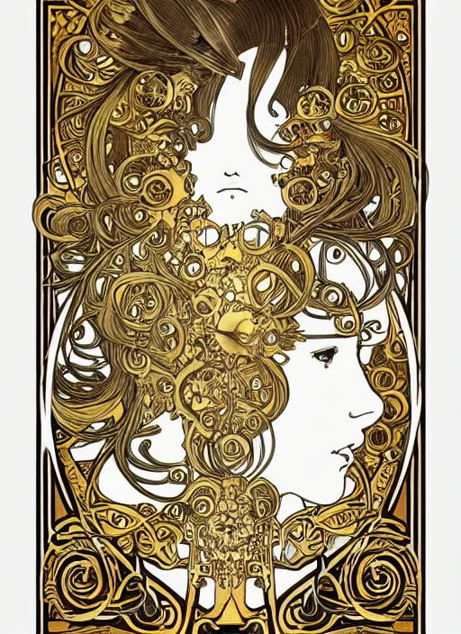 Prompt: photographer looking through camera, design on white background, gnarly details, gold, drawn by studio ghibli, alphonso mucha, lolish, trending on artstation