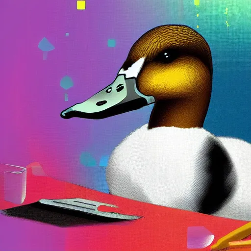 Image similar to a duck wearing a labcoat, computers in the background, digital art