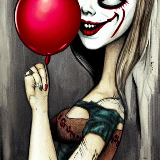 Image similar to grunge cartoon painting of margot robbie with a wide smile and a red balloon by chris leib, loony toons style, pennywise style, corpse bride style, horror theme, detailed, elegant, intricate