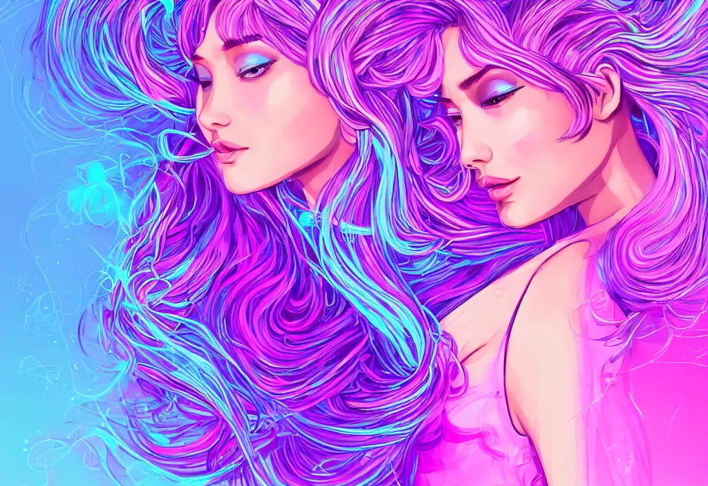 Prompt: a award winning half body portrait of a beautiful woman in a croptop and cargo pants with ombre purple pink teal hairstyle surrounded by whirling illuminated lines, outrun, vaporware, shaded flat illustration, digital art, trending on artstation, highly detailed, fine detail, intricate, sensual, elegant, seductive
