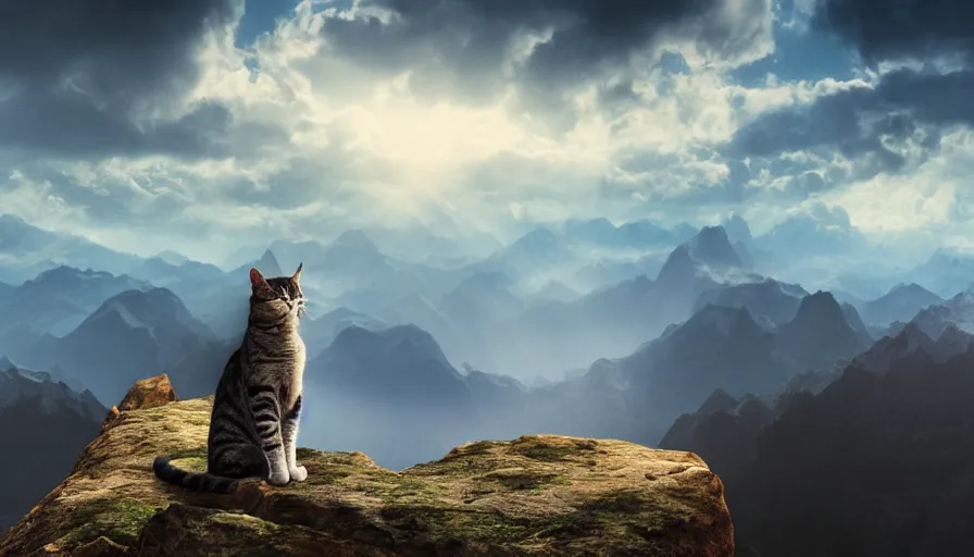 Image similar to a cat standing on the peak of a mountain range, looking far, digital art, epic lighting, epic composition, 4 k