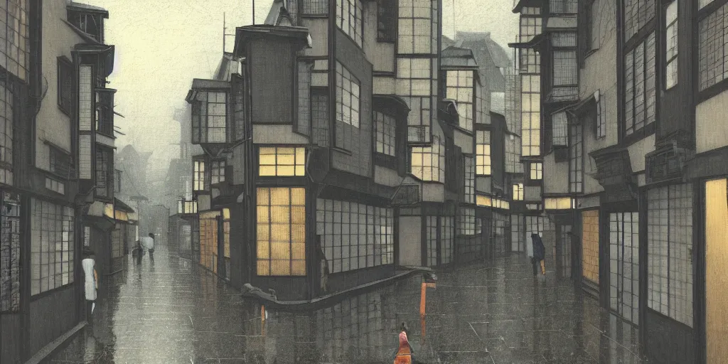 Prompt: a typical japanese city street in the rain, vermeer painting, dark academia aesthetic, matte painting, photorealistic, grey overcast day