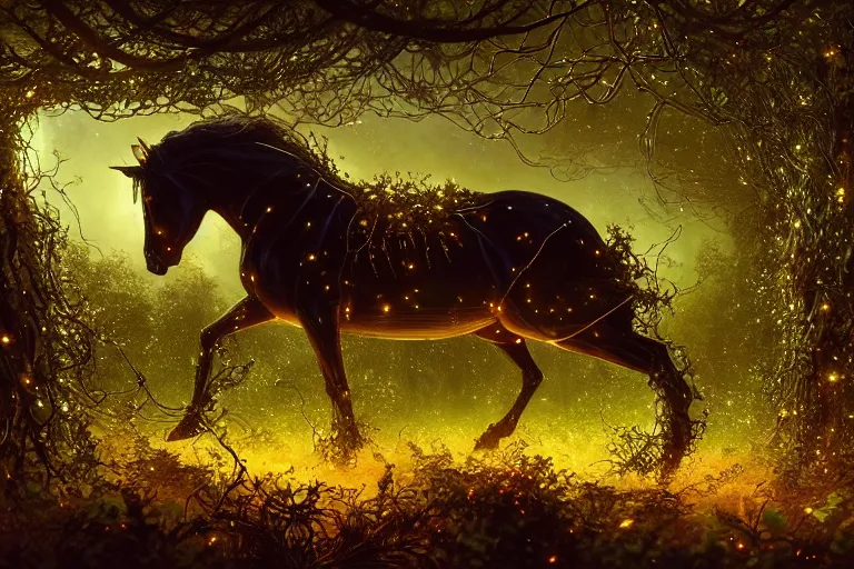 Image similar to a stunning swarm of fireflies forming a horse with a thick mane of bioluminescent vines and flowers running through the woods by greg rutkowski, high key lighting, volumetric light, digital art, highly detailed, fine detail, intricate, ornate, complex, octane render, unreal engine, photorealistic