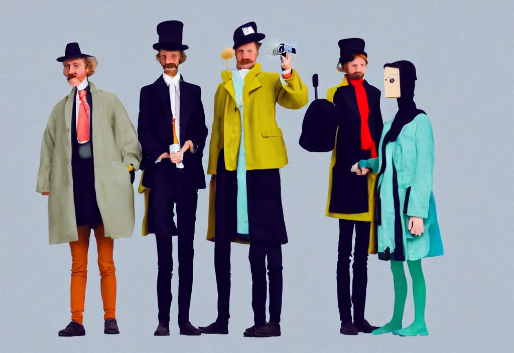 Image similar to full body portrait of a trio of european tourists long coat travel apparel, with nikon cameras, various poses shooting photos, character designs painting, in the style of wes anderson, rene magritte, lola dupre, david hockney, isolated on white background, dark monochrome neon spraypaint accents volumetric octane render