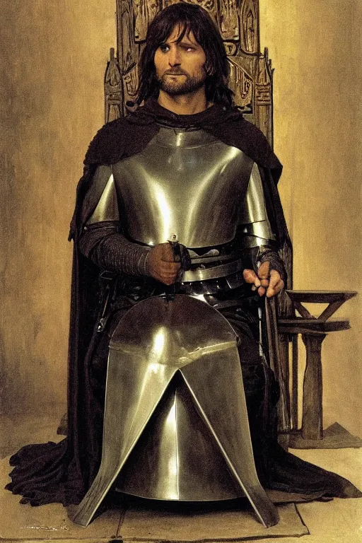 Image similar to aragorn with medieval armour, sit on throne, bouguereau