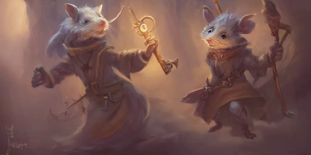 Prompt: cute little anthropomorphic rat wielding a magic staff, Wizard robe, cute and adorable, pretty, beautiful, DnD character art portrait, matte fantasy painting, DeviantArt Artstation, by Jason Felix by Steve Argyle by Tyler Jacobson by Peter Mohrbacher, cinema