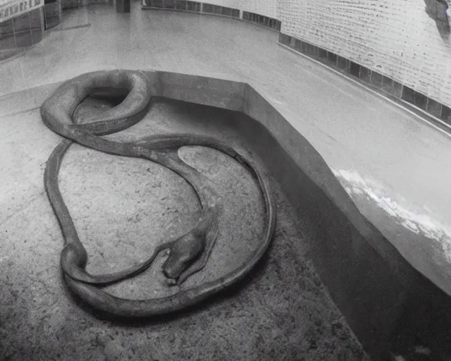 Image similar to camera footage of a giant Python in an abandoned shopping mall, high exposure, dark, monochrome, camera, grainy, CCTV, security camera footage, timestamp, zoomed in, fish-eye lense, snake,