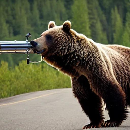 Prompt: grizzly bear with a mounted minigun, professional photography
