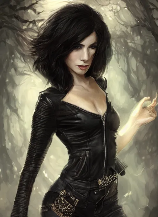 Image similar to a black haired woman in a leather jacket, muscular upper body, abs, d & d, fantasy, intricate, elegant, highly detailed, digital painting, artstation, concept art, smooth, sharp focus, illustration, art by anna dittmann