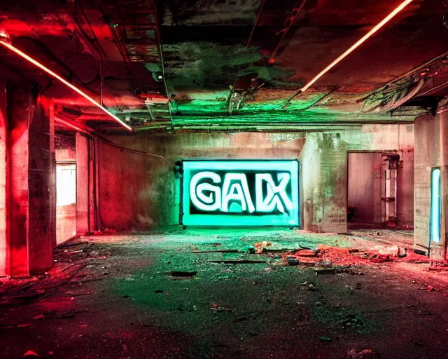 Image similar to An abandoned industial basement lit by a neon sign that says GAK, GAK sign, basement, cinematography by Robby Müller, GAK basement, industrial