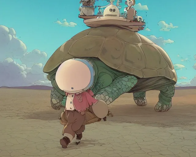 Image similar to a cell shaded cartoon giant turtle from howl's moving castle ( 2 0 0 4 ), on a desert road, illustration, wide shot, subtle colors, post grunge, concept art by josan gonzales and wlop, by james jean, victo ngai, highly detailed, sharp focus, trending on artstation, hq, deviantart, art by artgem