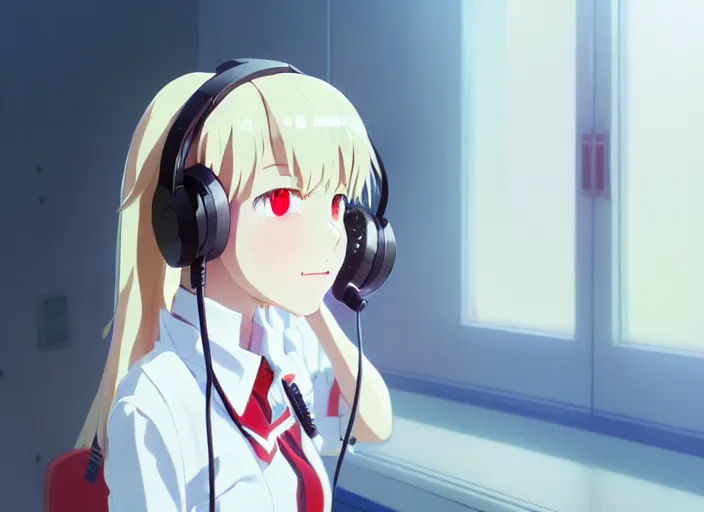 Prompt: a film still portrait of a white long hair red eyed young cute girl wearing a headset in a room interior, closeup, perfect art, gapmoe yandere, trending on pixiv fanbox, painted by makoto shinkai takashi takeuchi studio ghibli