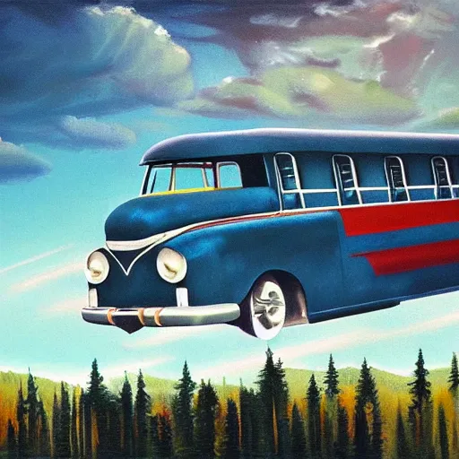 Prompt: a [ 5 0 s bus infused with airplane wings ] flies above a forest and lake, [ oil painting ]!!, trending on cgsociety, 4 k