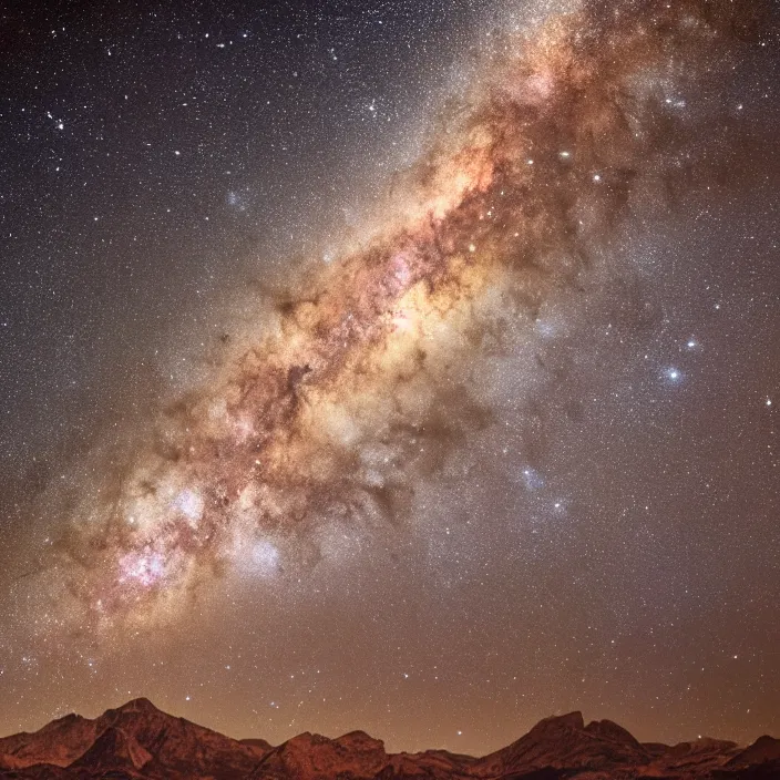 Prompt: Milky Way as seen in the night sky of a distant alien planet with mountain surface, NASA true color photograph, very detailed, 8k resolution