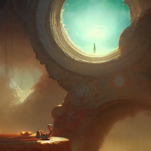 Image similar to giant shining crescent in a magic fluffy persian carpet dimension, by greg rutkowski and gaston bussiere, dim lighting, beautiful volumetric - lighting - style atmosphere, surreal atmosphere, intricate, detailed, photorealistic imagery, artstation