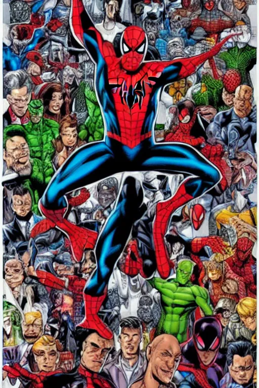 Image similar to a poster of Spider-man standing in front of his villains, by Mark bagley