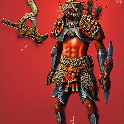 Prompt: otomi warrior in a ornated armor preparing for war, full body, dynamic pose, red and obsidian neon, concept art, intricate details, highly professionally detailed, cgsociety, highly detailed -