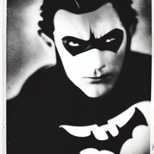 Image similar to old black and white photo portrait, 1 9 2 5, close - up portrait depicting batman with his head down in alley of new york city, rule of thirds, historical record