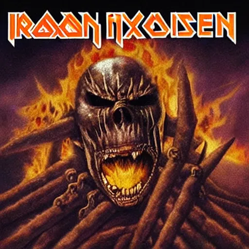 Image similar to “ flames of hell ” iron maiden album cover, highly detailed