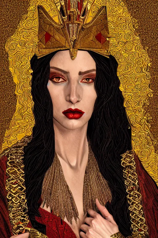 Prompt: Portrait of historically accurate, ancient biblical, sultry, sneering, evil, pagan, wicked, queen jezebel, wearing gilded robes, long hair, intricate, elegant, highly detailed, masterpiece, illustration, art Russian Cubism, highly detailed, trending on artstation, award winning