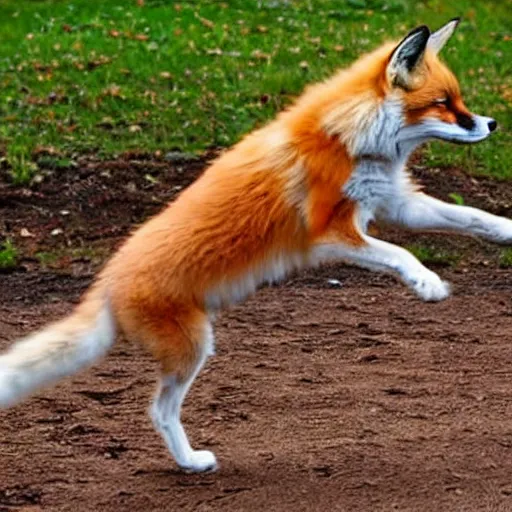 Image similar to fox jumping over a cute sleeping dog