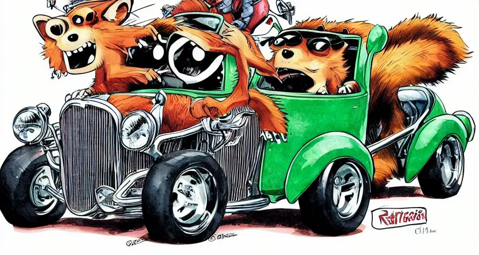 Image similar to funny, comic book style, racoon riding in a tiny hot rod coupe with oversized engine, ratfink style by ed roth, centered award winning watercolor pen illustration, by chihiro iwasaki, edited by range murata