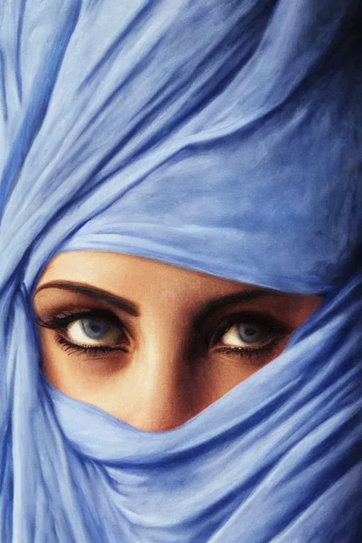 Prompt: hyperrealism extreme close-up portrait of arabian female, wearing Burqa, blue eyes, dark atmosphere, in style of classicism