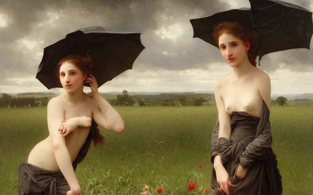 Prompt: a beautiful young woman, a beautiful farm in the background, dramatic weather, by William Adolphe Bouguereau, by Edgar Maxence, by Ross Tran and Michael Whelan,trending on artstation