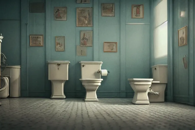 Image similar to hyperrealism aesthetic photography of detailed gigantic toilet in surreal scene from detailed art house movie in style of denis villeneuve and wes anderson