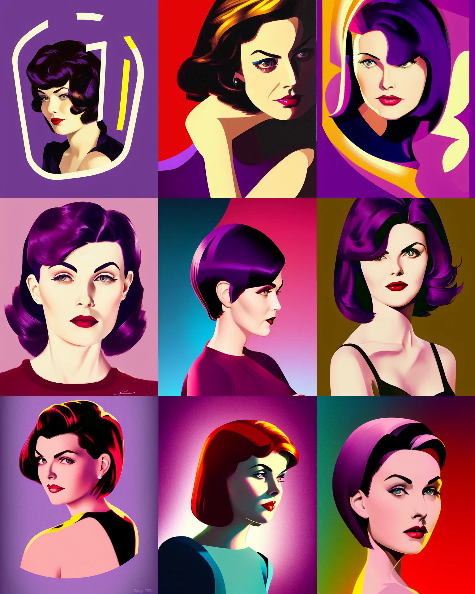 Prompt: sherilyn fenn 2 6 years old as android, bob haircut, portrait by stanley artgerm, dramatic lighting, ilya kuvshinov, trending on artstation, flat colour, geometric curves, gradient filter, red and purple and yellow back light, art deco pattern