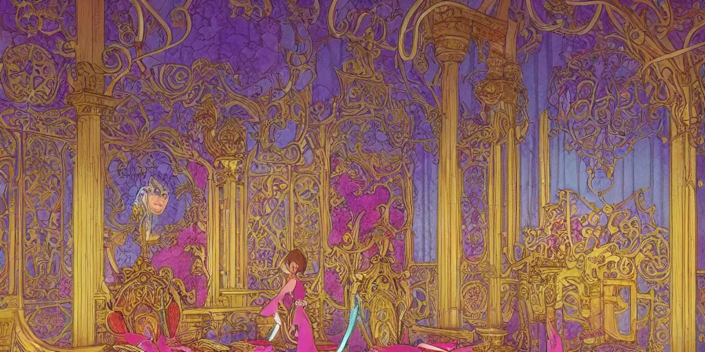 Prompt: an art nouveau decorated throne room in a palace, magical, bright, colorful, fantastic lighting, amazing details, 4 k uhd, illustration by hayao miyazaki and makoto shinkai and ilya kuvshinov, artstation, pixiv,