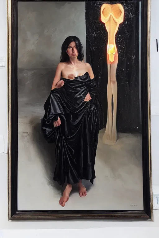 Prompt: hyperrealism oil painting, portrait, fashion model in front and melting cyborg in distance, black robe, complete darkness, in style of classicism mixed with 8 0 s sci - fi hyperrealism