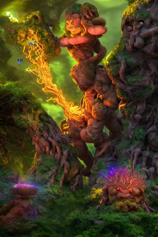 Image similar to arcane fantasy art giant golem elemental wood rock bastion forged gemstone enchanted forest troll, global illumination ray tracing hdr fanart arstation by sung choi and eric pfeiffer and gabriel garza and casper konefal lisa frank zbrush central hardmesh radiating a glowing aura