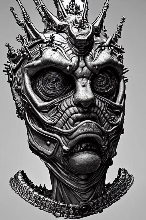 Prompt: a malevolent and stoic alien king bust, with hungry conquering eyes, extremely detailed frontal angle, art nouveau cyberpunk engraved armor and intricate crown of infinite power, perfectly symmetrical facial structure and framework, honorable and honest facial features of ageless wisdom, by bill sienkiewicz, frank frazetta and travis charest, dark sci-fantasy, ornate complexity, male face and bust, accurate human anatomy mixed with alien and cyborg characteristics, sci-fi character concept, photorealism, epic art nouveau framing, stunning lighting, hyperrealism, 8k