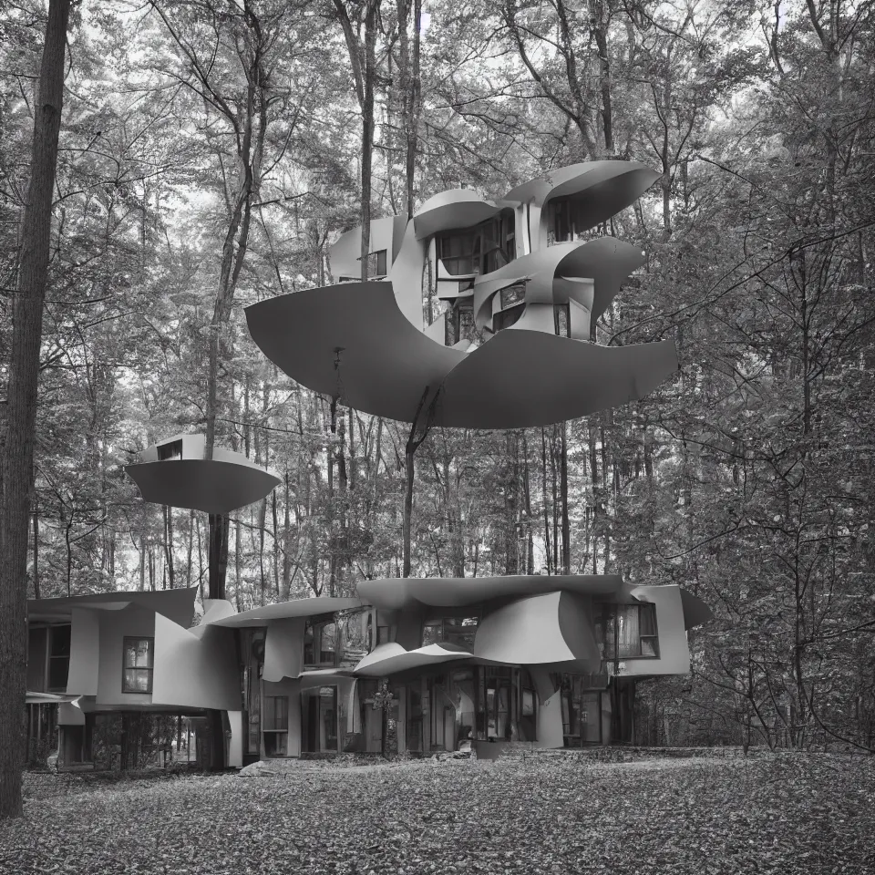 Image similar to architecture ad for a mid-century modern house in the middle of the forrest, designed by Frank Gehry. Film grain, cinematic, grayscale, yellow hue