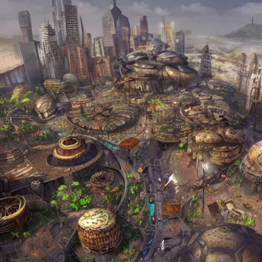 Image similar to fantasy city on a giant tortoise's back while the tortoise walks through a wasteland. The city has streets and markets, Realistic. Hyper detailed.