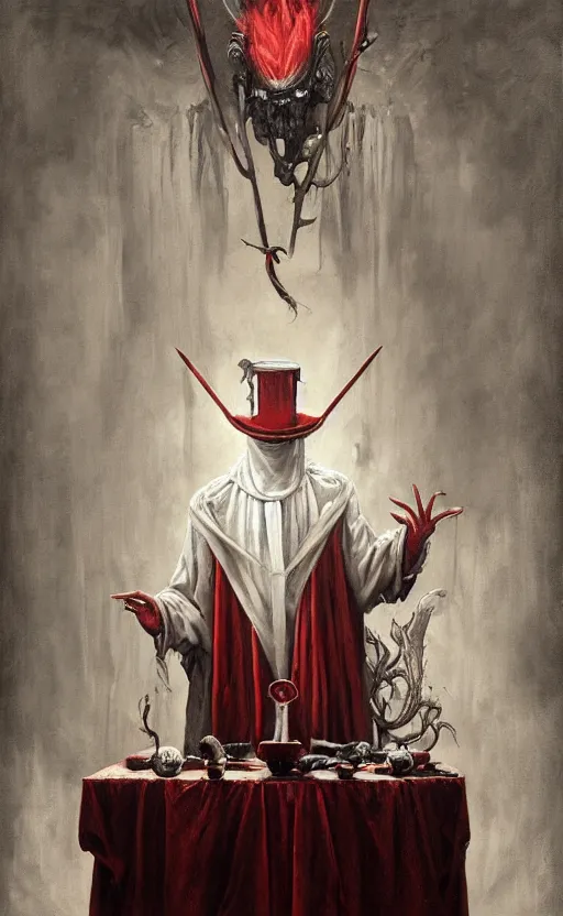 Image similar to a painting of a white robed magician behind a table, hands gesture as above so below, red mantle cup, sword, pentacle, wand, a surrealist painting by marco mazzoni, peter mohrbacher, nychos, cgsociety, neo - figurative, detailed painting, rococo, oil on canvas, seapunk, biomorphic, lovecraftian