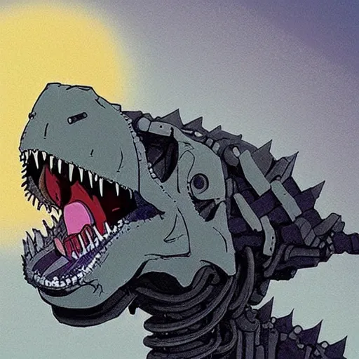 Prompt: a studio ghibli portrait of a robot T-rex made of mechanical parts, minimalist cartoonish psychedelic paleoart, realistic pixar style dinosaur